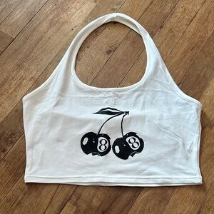 White Cropped Halter Top with Cherry Graphic - M